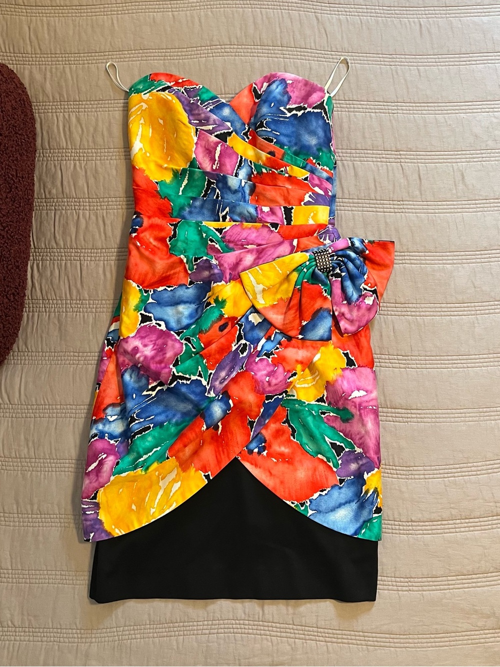 A.J. Bari Strapless Multicolor Floral Dress Black Skirt Line 90’s Cocktail Party